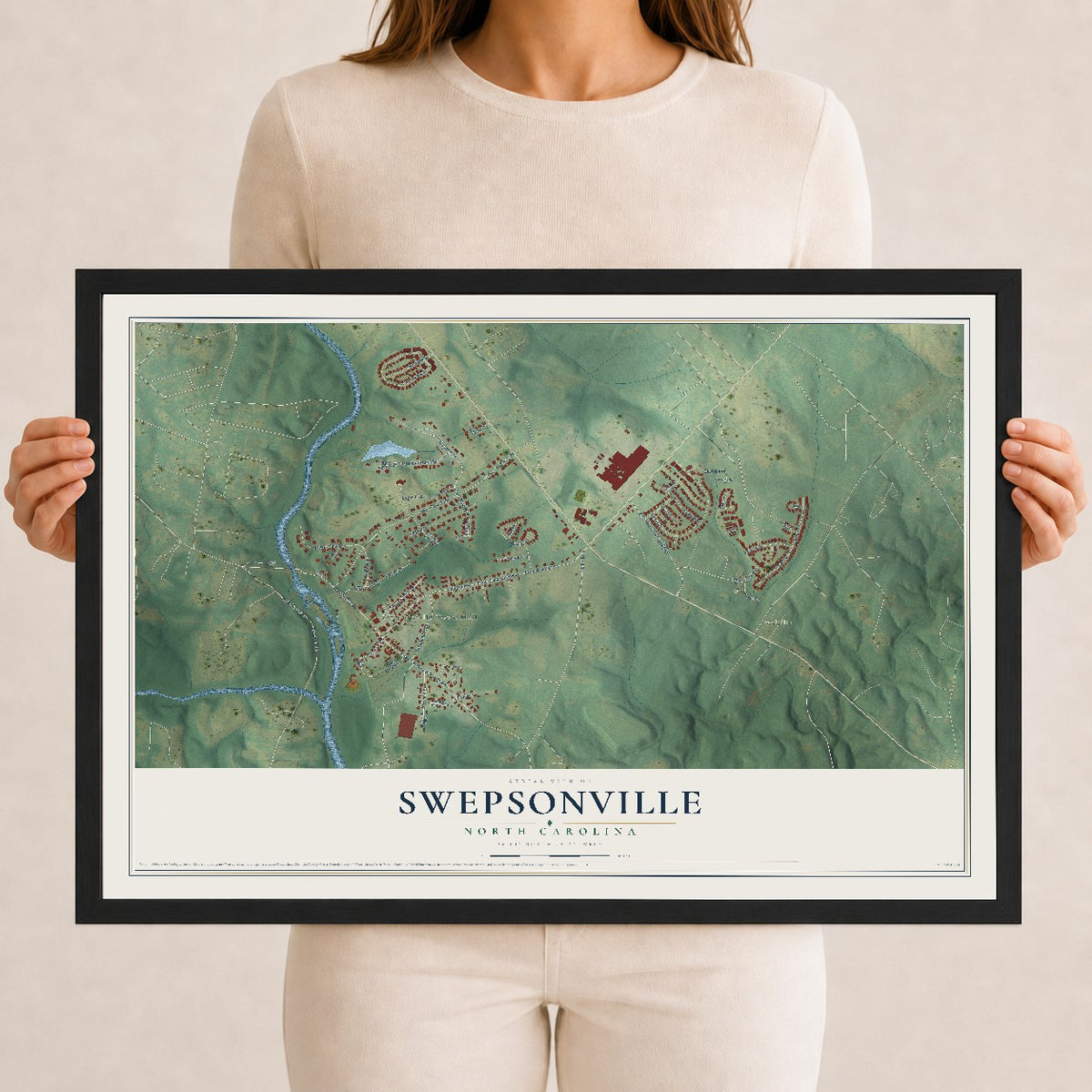 Map of Swepsonville, North Carolina, 12 x 18 inch print in a black wood frame