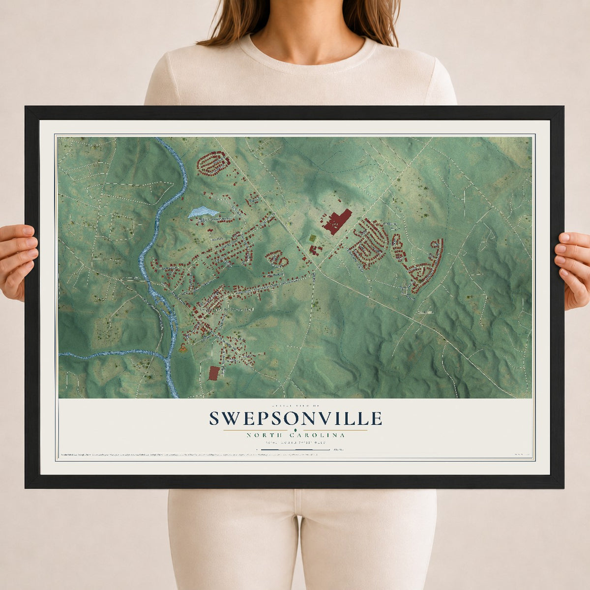Map of Swepsonville, North Carolina, 18 x 24 inch print in a black wood frame