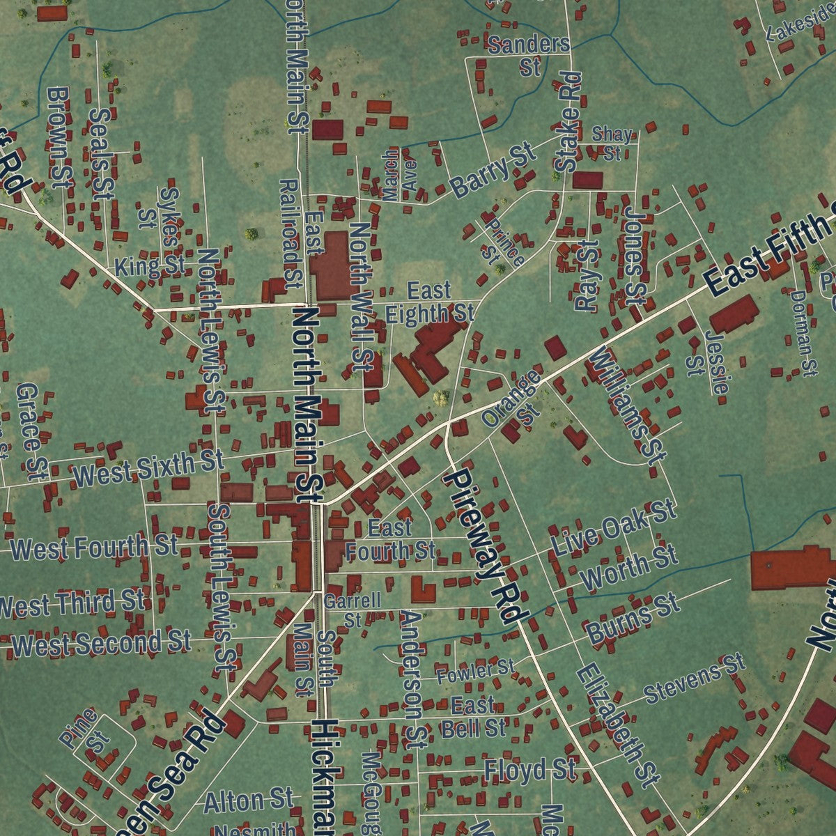 Close-up of the map of Tabor City, North Carolina print showing street and building detail