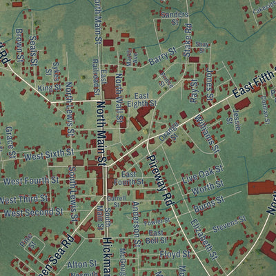 Close-up of the map of Tabor City, North Carolina print showing street and building detail