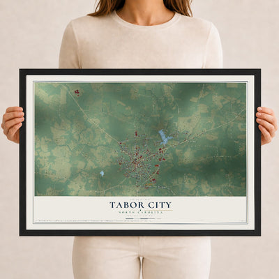 Map of Tabor City, North Carolina, 12 x 18 inch print in a black wood frame