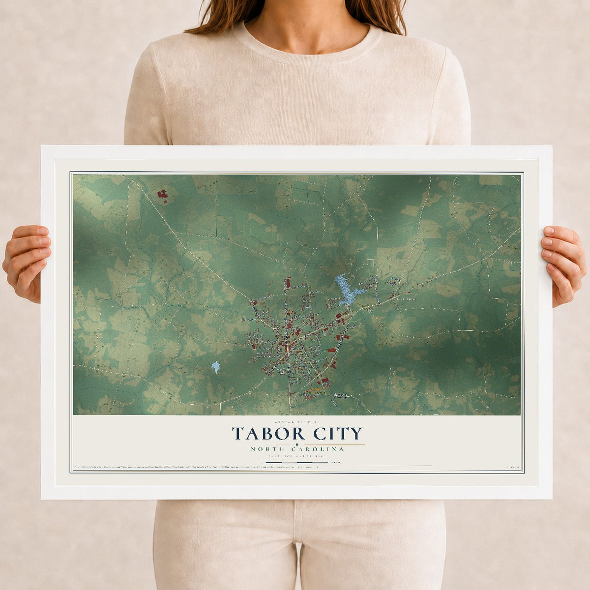 Map of Tabor City, North Carolina, 12 x 18 inch print in a white wood frame