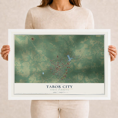 Map of Tabor City, North Carolina, 12 x 18 inch print in a white wood frame