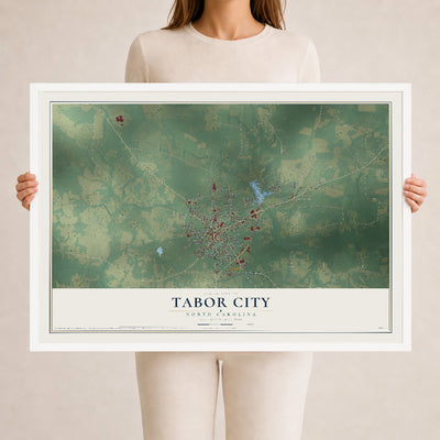 Map of Tabor City, North Carolina, 24 x 36 inch print in a white wood frame