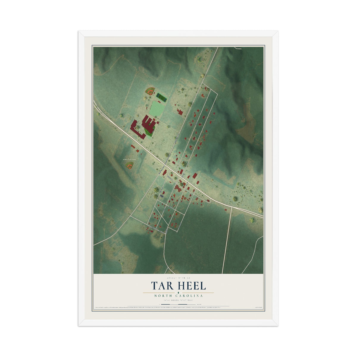 Map of Tar Heel, North Carolina, 12 x 18 inch print in a white wood frame
