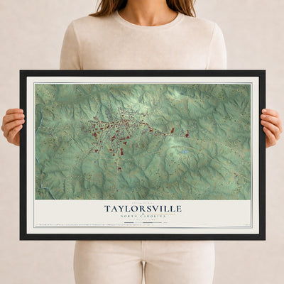 Map of Taylorsville, North Carolina, 12 x 18 inch print in a black wood frame