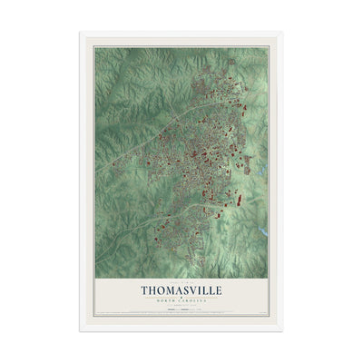 Map of Thomasville, North Carolina, 12 x 18 inch print in a white wood frame