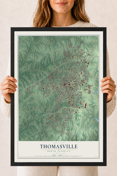 Map of Thomasville, North Carolina, 18 x 24 inch print in a black wood frame