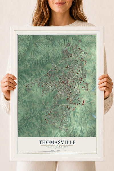 Map of Thomasville, North Carolina, 18 x 24 inch print in a white wood frame