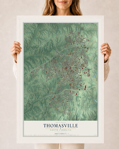 Map of Thomasville, North Carolina, 24 x 36 inch print in a white wood frame