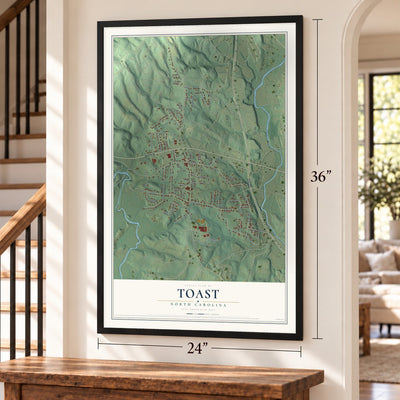 Toast, North Carolina map, 24 x 36 inch print in a black frame by a staircase