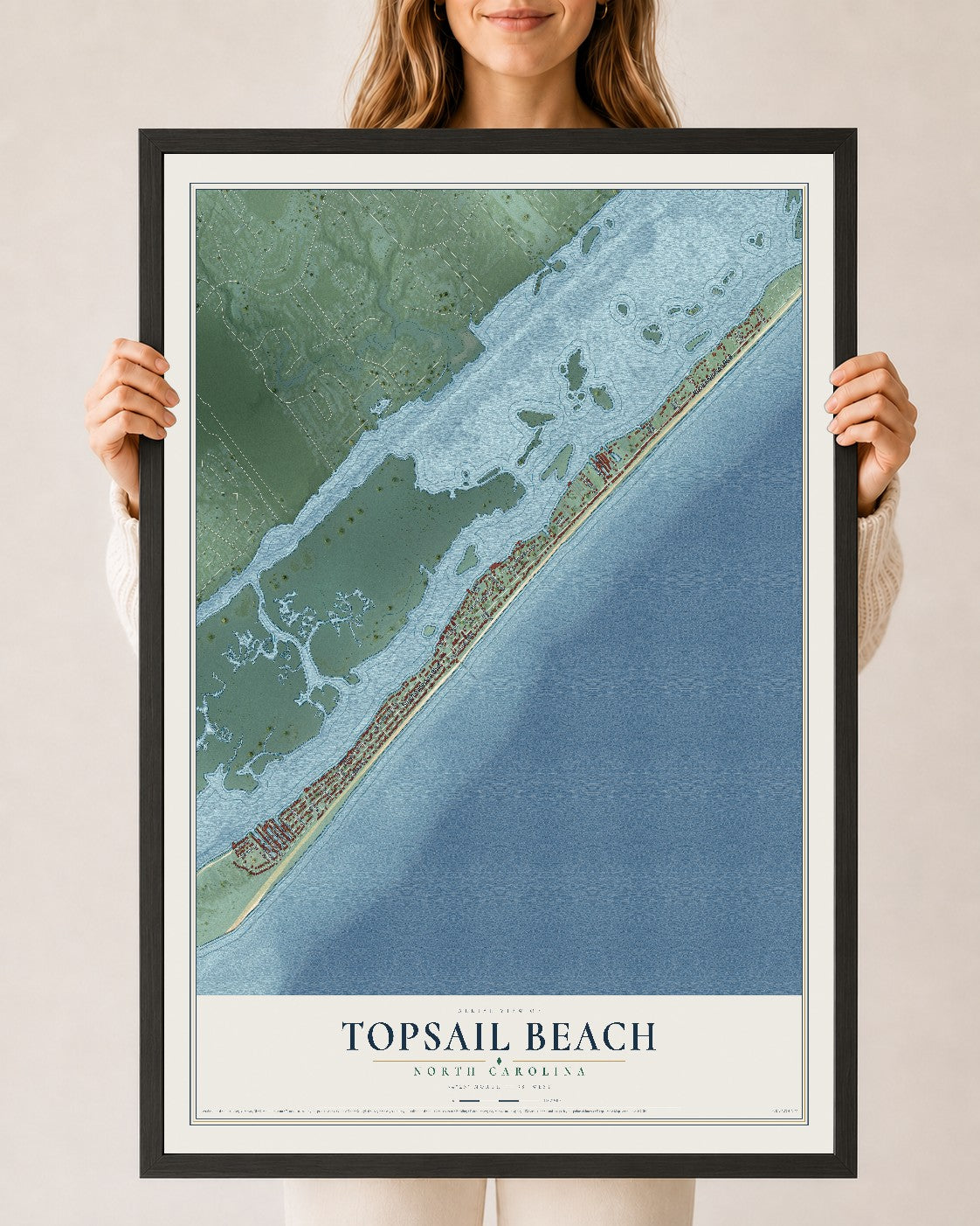 Map of Topsail Beach, North Carolina, 24 x 36 inch print in a black wood frame