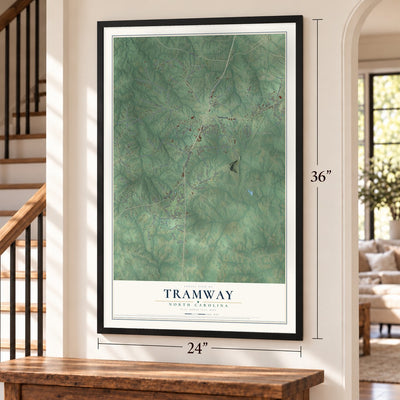 Tramway, North Carolina map, 24 x 36 inch print in a black frame by a staircase