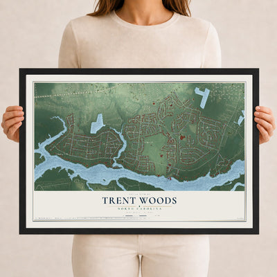 Map of Trent Woods, North Carolina, 12 x 18 inch print in a black wood frame