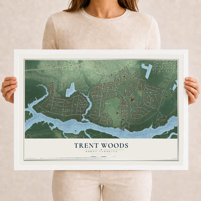 Map of Trent Woods, North Carolina, 12 x 18 inch print in a white wood frame