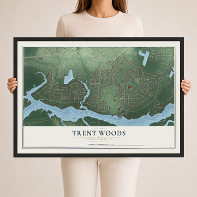 Map of Trent Woods, North Carolina, 24 x 36 inch print in a black wood frame