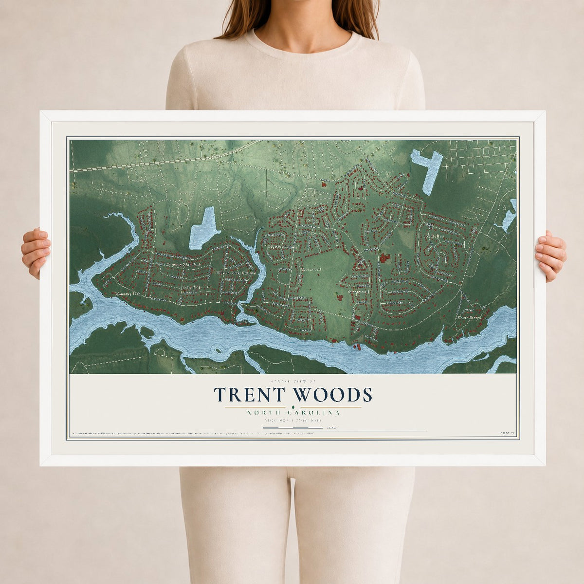 Map of Trent Woods, North Carolina, 24 x 36 inch print in a white wood frame