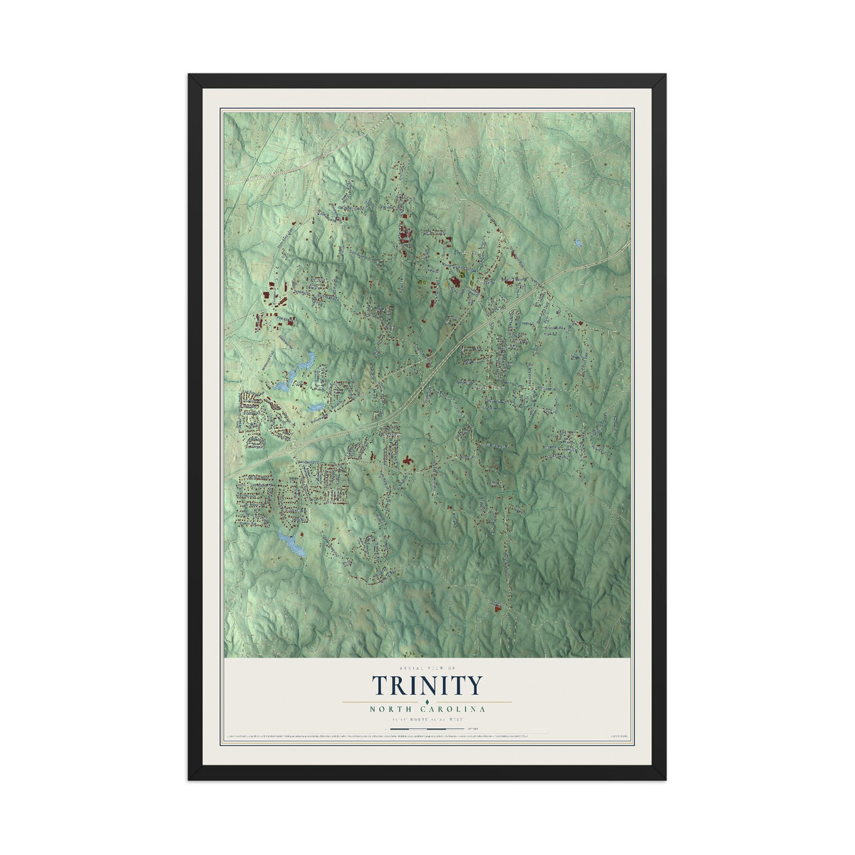 Map of Trinity, North Carolina, 12 x 18 inch print in a black wood frame