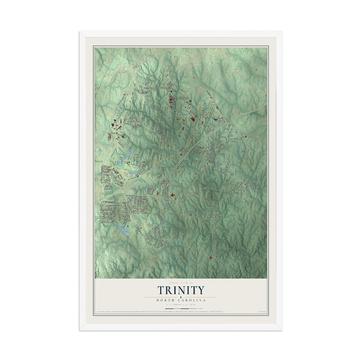 Map of Trinity, North Carolina, 12 x 18 inch print in a white wood frame