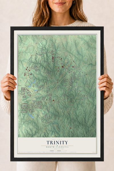 Map of Trinity, North Carolina, 18 x 24 inch print in a black wood frame