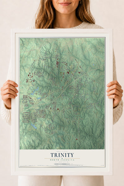 Map of Trinity, North Carolina, 18 x 24 inch print in a white wood frame