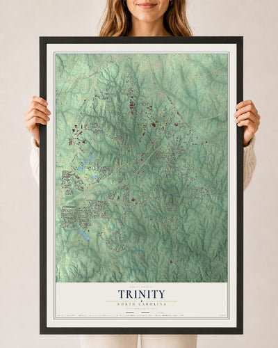 Map of Trinity, North Carolina, 24 x 36 inch print in a black wood frame