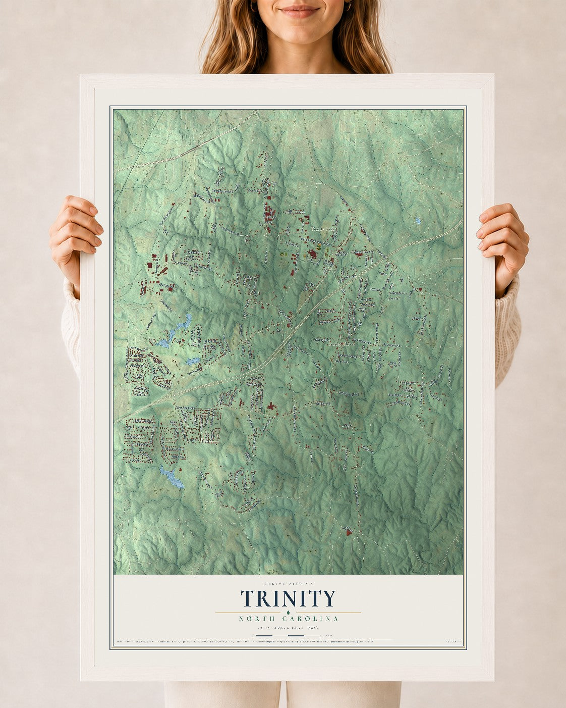 Map of Trinity, North Carolina, 24 x 36 inch print in a white wood frame
