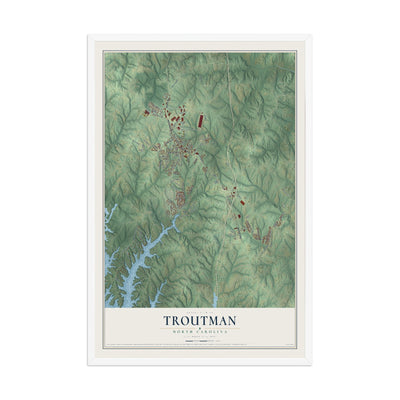 Map of Troutman, North Carolina, 12 x 18 inch print in a white wood frame