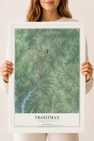 Map of Troutman, North Carolina, 18 x 24 inch print in a white wood frame