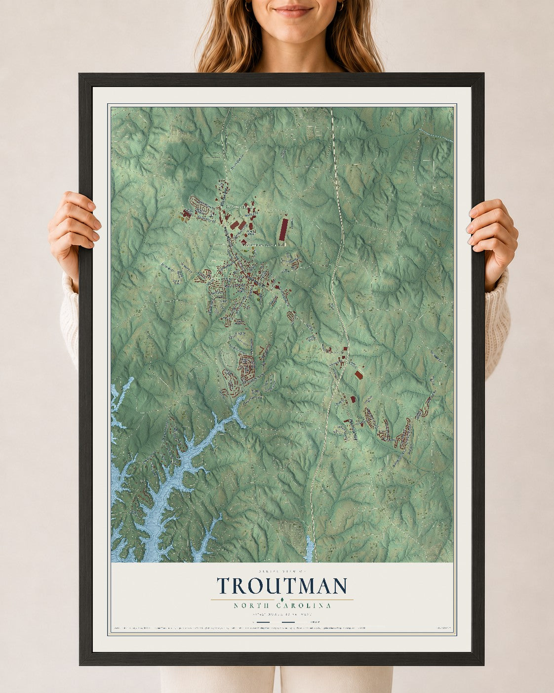 Map of Troutman, North Carolina, 24 x 36 inch print in a black wood frame