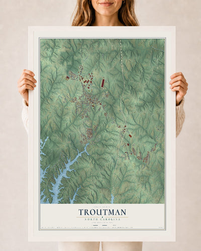 Map of Troutman, North Carolina, 24 x 36 inch print in a white wood frame