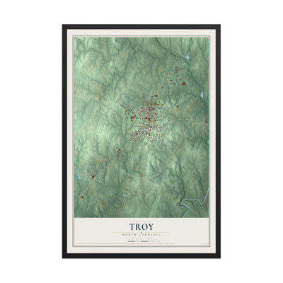 Map of Troy, North Carolina, 12 x 18 inch print in a black wood frame