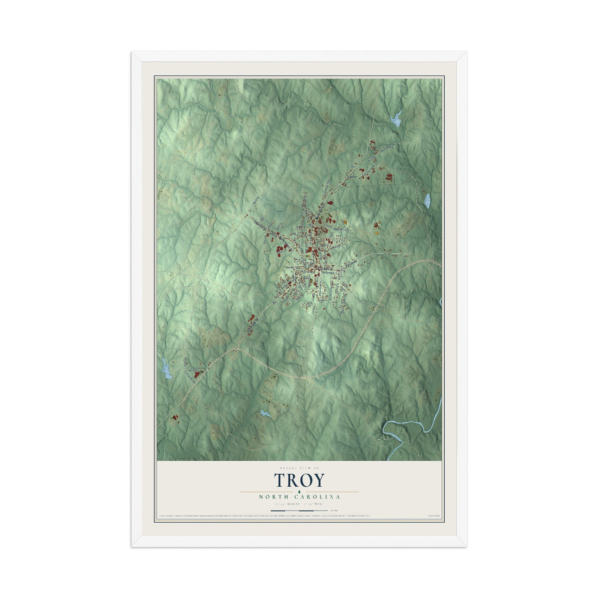 Map of Troy, North Carolina, 12 x 18 inch print in a white wood frame