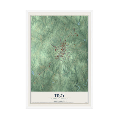 Map of Troy, North Carolina, 12 x 18 inch print in a white wood frame