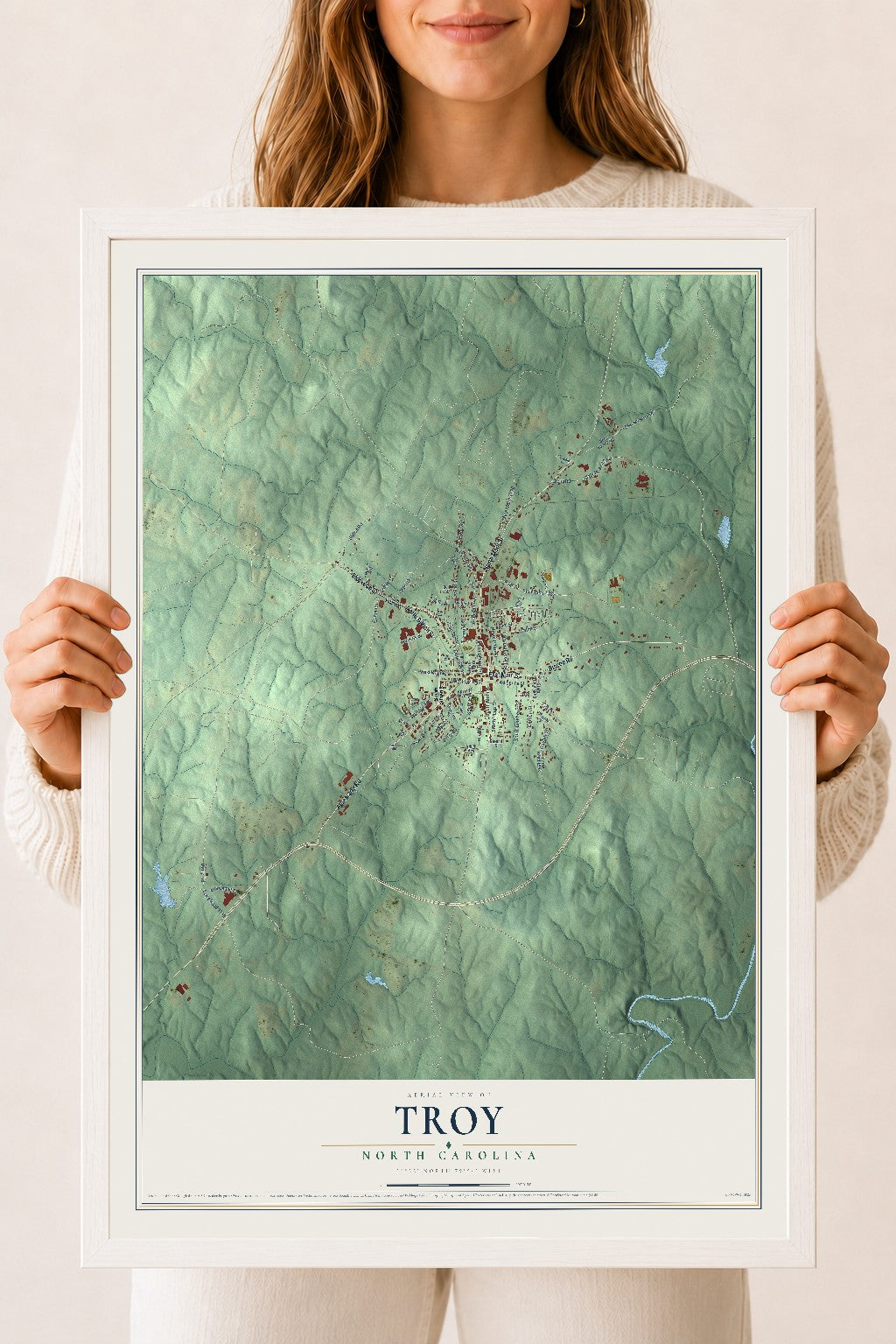 Map of Troy, North Carolina, 18 x 24 inch print in a white wood frame
