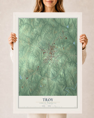 Map of Troy, North Carolina, 24 x 36 inch print in a white wood frame