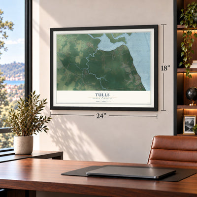 Tulls, North Carolina map, 18 x 24 inch print in a black frame in a home office