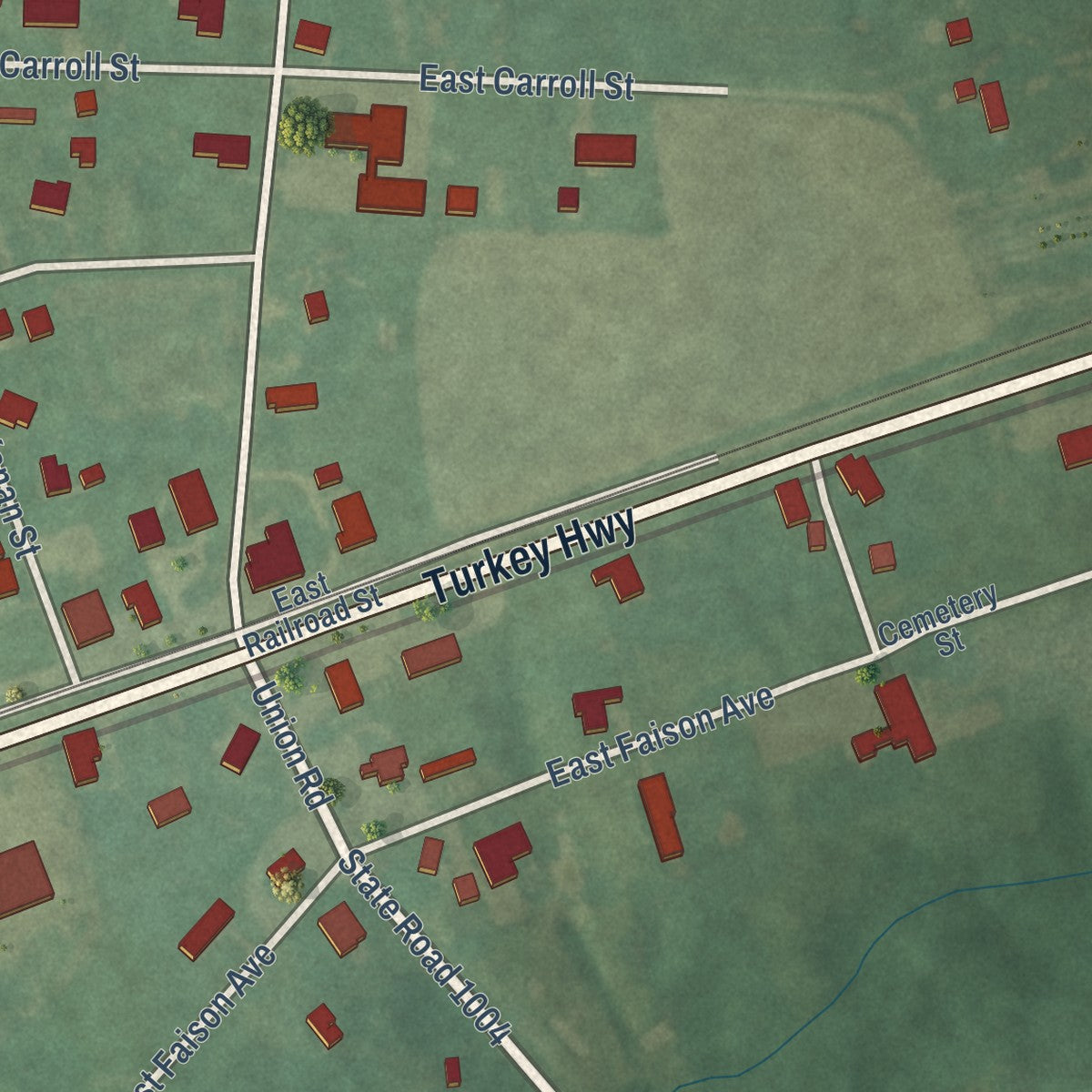 Close-up of the map of Turkey, North Carolina print showing street and building detail