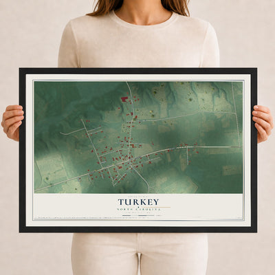 Map of Turkey, North Carolina, 12 x 18 inch print in a black wood frame