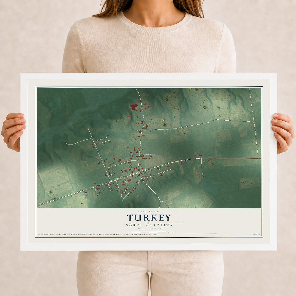 Map of Turkey, North Carolina, 12 x 18 inch print in a white wood frame
