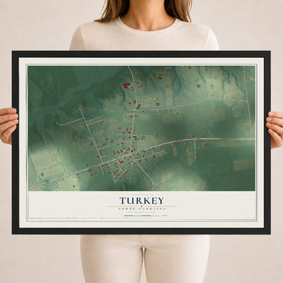 Map of Turkey, North Carolina, 18 x 24 inch print in a black wood frame
