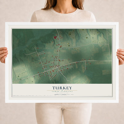 Map of Turkey, North Carolina, 18 x 24 inch print in a white wood frame