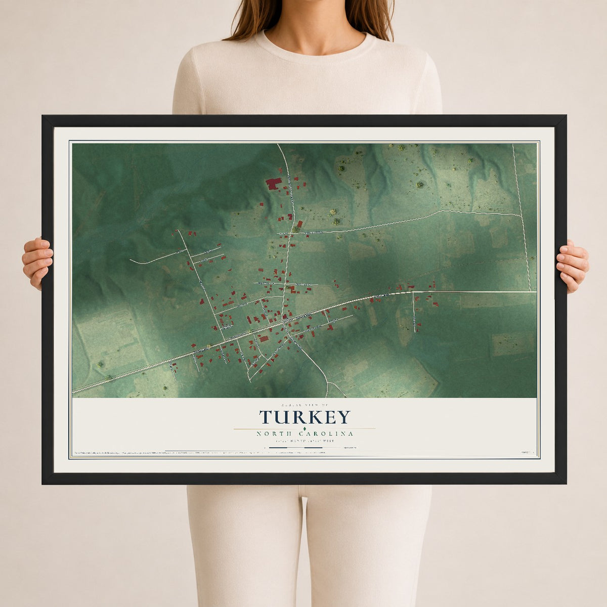 Map of Turkey, North Carolina, 24 x 36 inch print in a black wood frame
