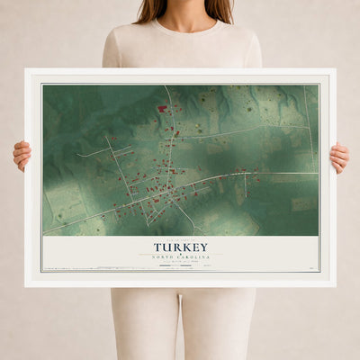 Map of Turkey, North Carolina, 24 x 36 inch print in a white wood frame