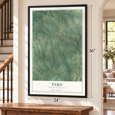 Tyro, North Carolina map, 24 x 36 inch print in a black frame by a staircase