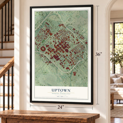 Uptown, North Carolina map, 24 x 36 inch print in a black frame by a staircase