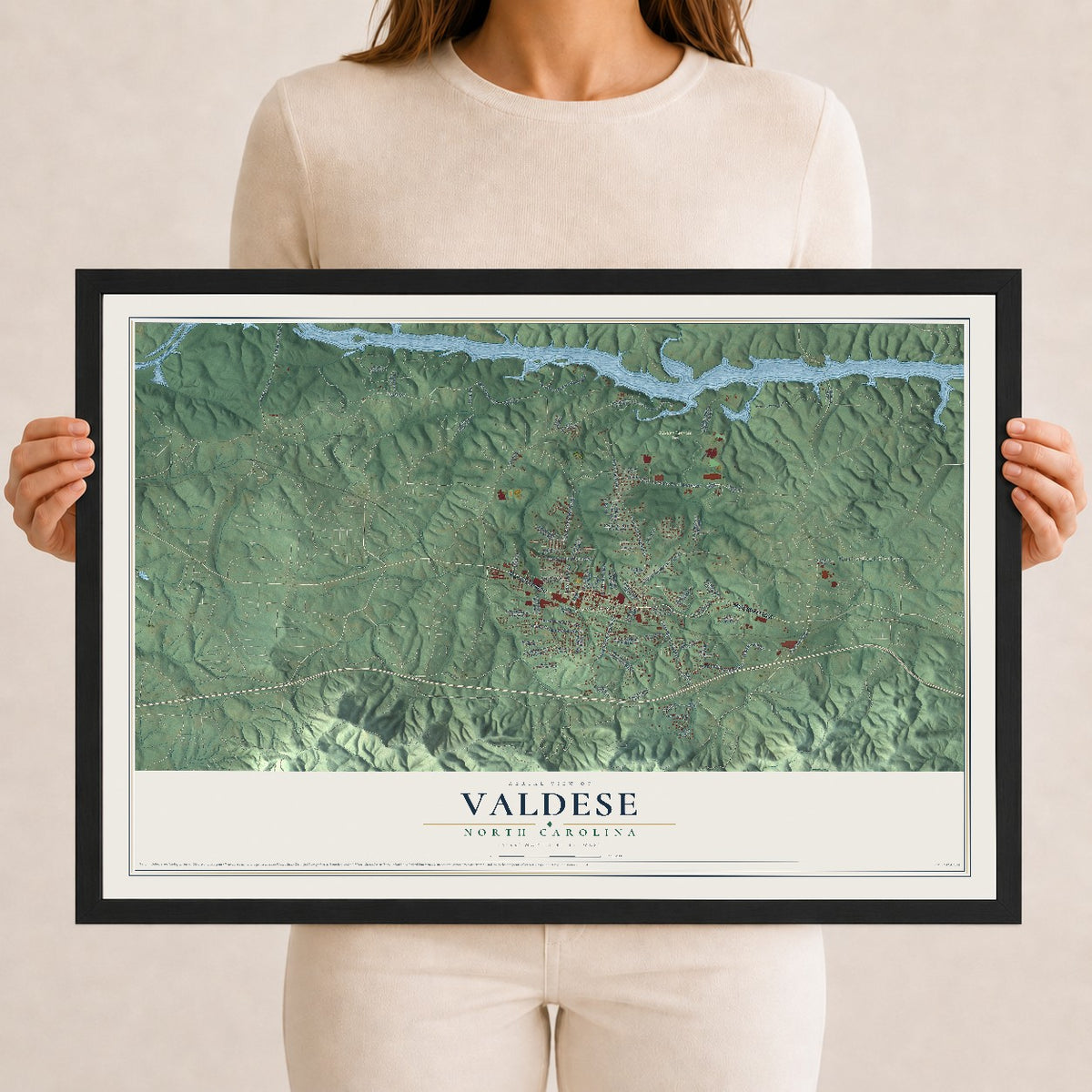 Map of Valdese, North Carolina, 12 x 18 inch print in a black wood frame