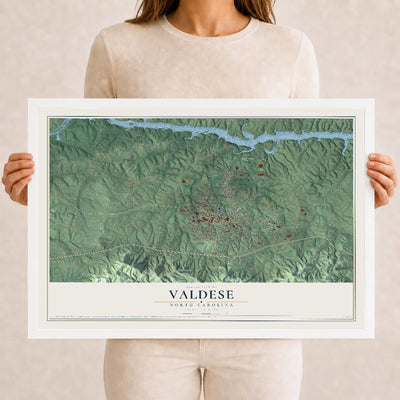 Map of Valdese, North Carolina, 12 x 18 inch print in a white wood frame