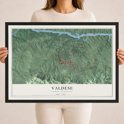 Map of Valdese, North Carolina, 18 x 24 inch print in a black wood frame