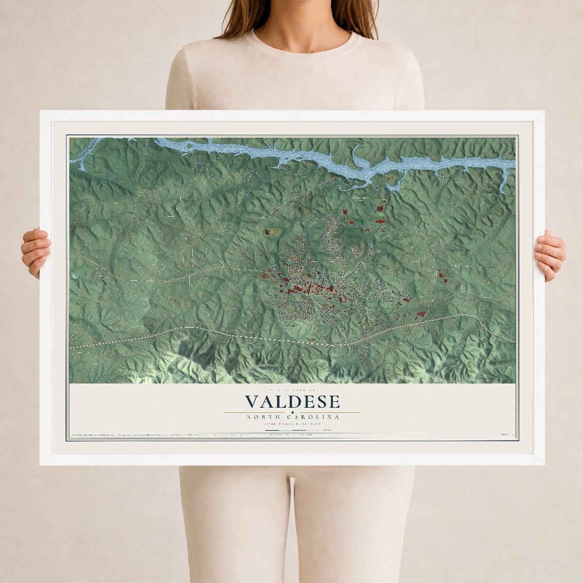 Map of Valdese, North Carolina, 24 x 36 inch print in a white wood frame